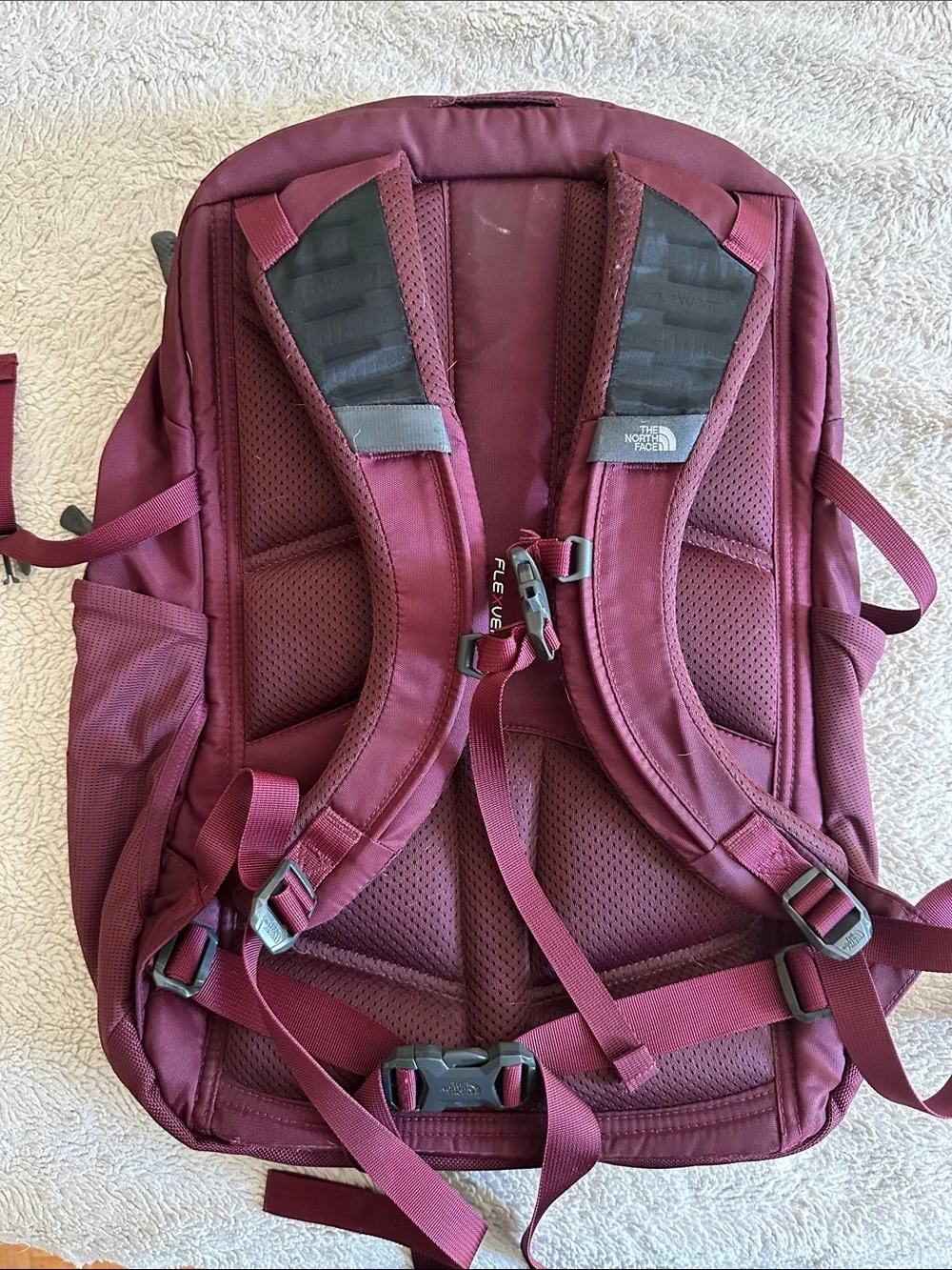 The North Face Maroon Backpack with Gray Accents